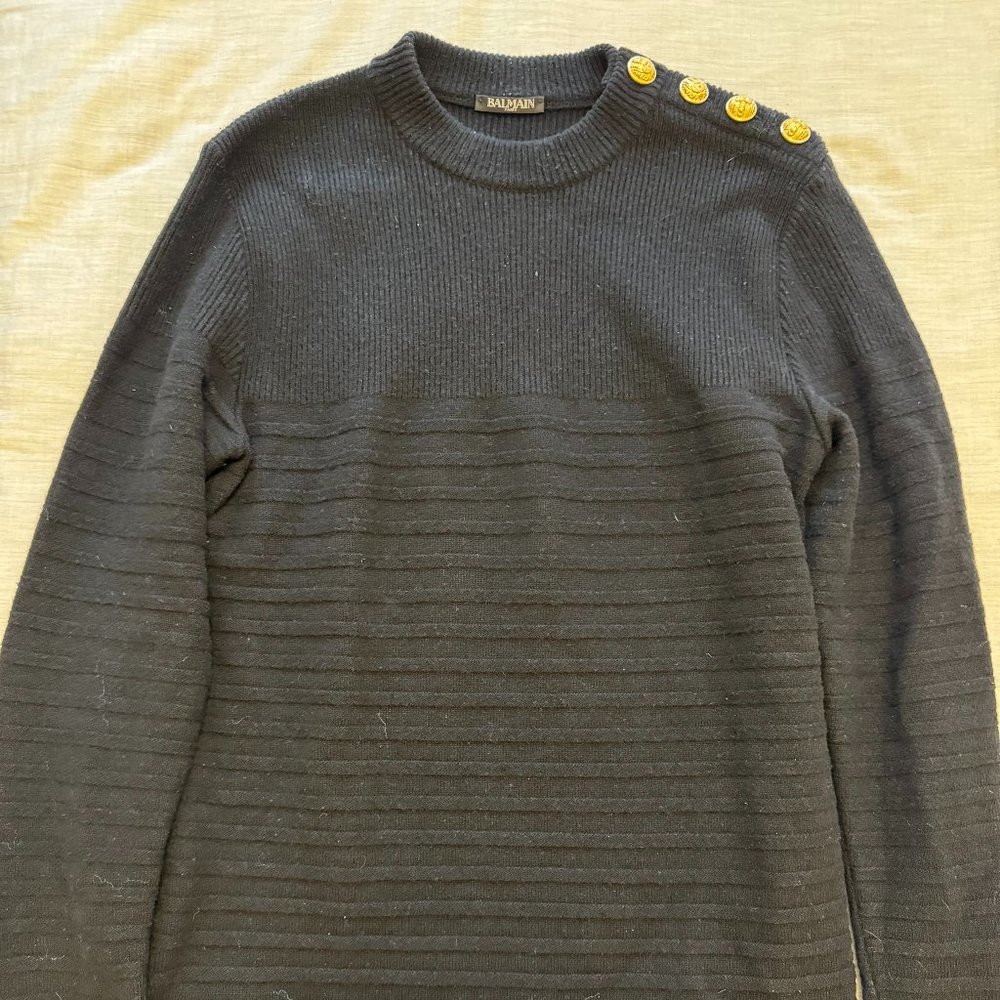 Balmain Men's Black Sweater with Gold Buttons Size M